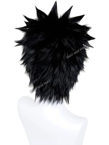 Image of Half and Half Short Black Anime Cosplay Wig for Men Black Nin-ja Male Wigs Black Spiky Layered Synthetic Hair Wig for Halloween Party Costumes