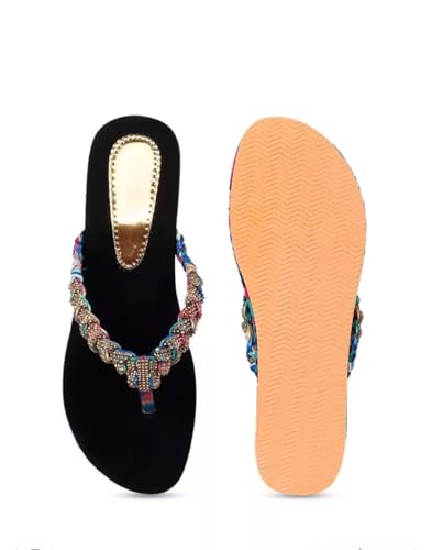 Image of ZAPATOZ Women's Floral Platform Sandals with Braided Gold Embellishment, Black Velvet Thong Slippers, Printed Sole Design