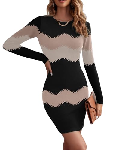 Hotouch Damen Strickkleid Eng Herbstkleid Langarm Strick Minikleid Color Block Pullover Kleider Casual Rundhals Hüftkleid Streifen Farbblock M