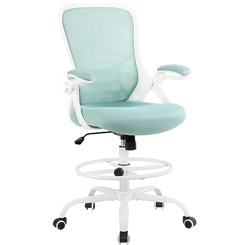Image of HYLONE Drafting Chair Tiffany Blue, Tall Office Chair Standing Desk Stool with Adjustable Height, Foot Ring, Flip-Up Arms, Mesh High-Back Office Chair, White