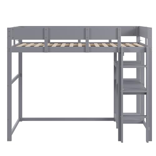 Cama alta de madera 90x200 gris para niños con estante integrado 7