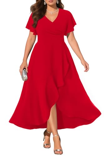 Image of Pinup Fashion Plus Size Formal Wedding Guest Cocktail High Low Long Dress | Elegant wrap v-neck, flutter sleeves, empire waist, hi-lo split ruffle hem, evening, mother of bride /groom, easter
