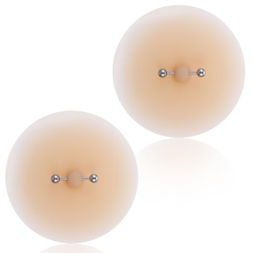 Hadnves 2 Pcs Pierced Fake Nipple Bra Silicone Nipple Cover with Piercing Jewelry Waterproof Reusable Nude Nipples Pasties for Women