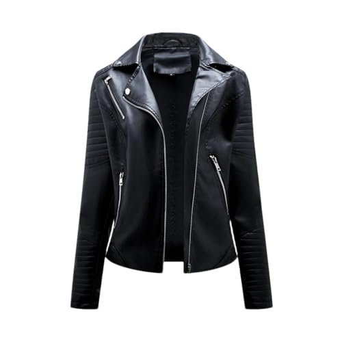 Chaqueta corta de cuero para mujer, traje de motociclista con solapa delgada, chaqueta con cremallera oblicua, abrigo para mujer, Negro, XXL