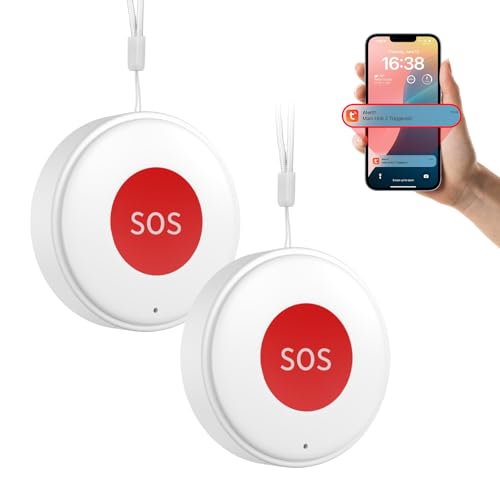 Daytech Tuya WiFi Rechargeable SOS Call Button Personal Alarms For Elderly Panic Button Alert/Alarm Bell For Elderly,Linked to Phone No Distance Limit,Supports 2.4GHz Wi-Fi,NO FEES,2 Buttons