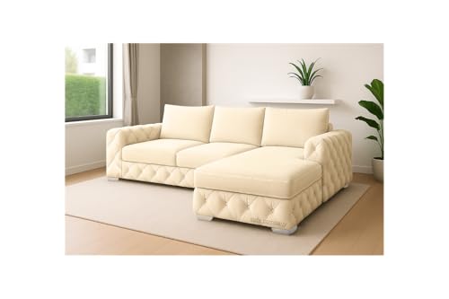 Sofaya Ashton Full Back Chesterfield Corner Chaise Sofa with 2 Scatter Pillows | L Shaped Sofa Chaise Lounge with Button Tufted Arms | Corner Sofa Sets for Living Room (Cream, Right Hand Side)
