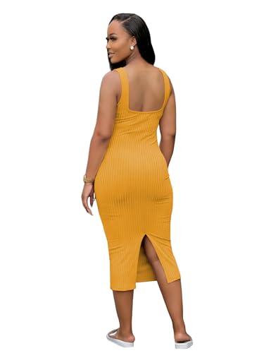 Image of TOPSRANI Women Sexy Midi Dress Bodycon Casual Sleeveless Basic Ruched Tank Summer Club Party Dresses