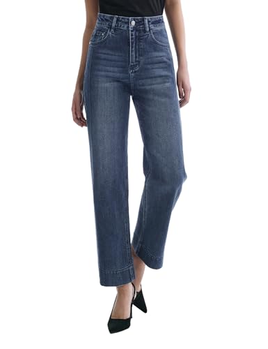 SGIVL Jeans for Women Straight Leg High Rise Casual Wide Leg Stretchy Ankle Length Denim Pants Zipper Slim Fit Trendy Navy Blue 6