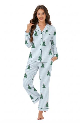 Image of LUBOT Christmas Pajamas for Women 100% Cotton Pajama 2 Piece PJ Set Soft Long Sleeve Button Xmas Print Loungewear XS-XXL