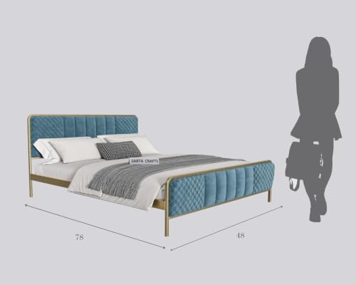 Image of Modern Upholstered Double Size Bed for Bedroom | Metal Double Bed | Platform Cot Bed with Upholstery Premium Fabric | 6.5 x 4 Ft | Powder Coated Metal Beds | Turquise