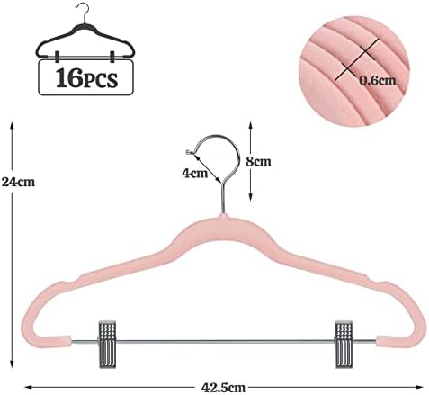 HOUISM Trouser Hangers with Clips Pink, 16 Pack Velvet Coat Hangers Ultra Thin Space Saving, 360° Swivel Hook Notched Shoulder, Non Slip Flocked Clothes Hangers for Pants Skirts Jean Dresses