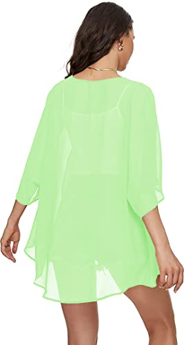 Image of Indian Trendy Women's Solid Puff Sleeve Kimono Cardigan Loose Cover Up Casual Blouse Top Chiffon
