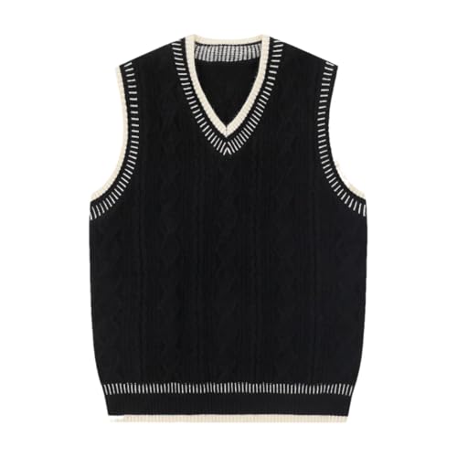 Men’S Retro V-Neck Sweater Vest with Contrast Embroidery Loose Fit Sleeveless Knit Pullover