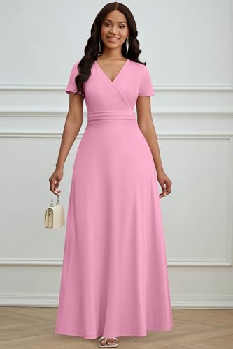 Image of CLOCOR Maxi Dress for Women Long Summer Short Sleeve Evening Formal V Neck A Line Dresses Wedding Guest Empire Waist Elegant