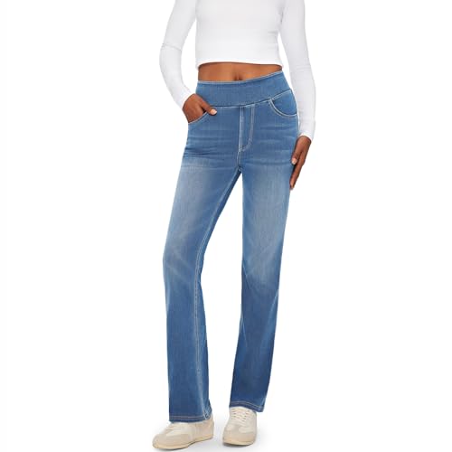 Fanica High Rise Bootcut Jeans for Women, Stretchy Pull On Elastic Waist Denim Pants(Dusty Blue Large)