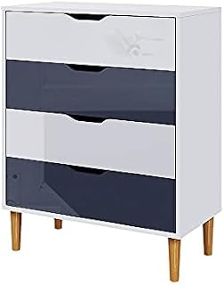 Panana Chest of Drawers, High Gloss Fronts Wood 4 Drawers Cabinet Storage Organiser Unit with Wooden Legs for Living Room Bedroom Hallway White and Grey