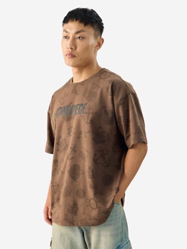 Image of The Souled Store Official One Piece: Pirate Tales Men and Boys Short Sleeve Round Neck Brown Phraphic Printed Cotton Oversized T-Shirts