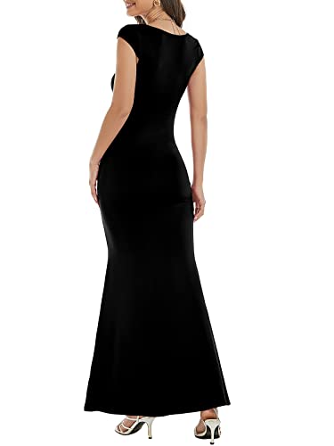 Image of Womens Summer Cap Sleeve Square Neck Elegant Casual Lounge Bodycon Slim Maxi Evening Party Long Dress