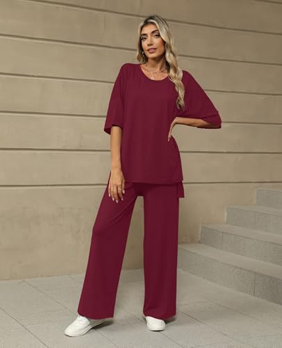 Image of KevaMolly 2 Piece Lounge Set for Women Postpartum Oversized Tops and Wide Leg Pants Soft Comfy Pajamas Set 2 Piece Outfits