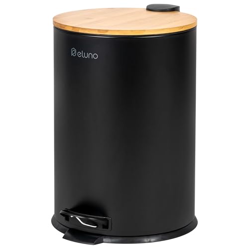 eluno Abfalleimer, Treteimer, Küchenmülleimer, 20 Liter Fassungsvermögen, mit Soft-Close Bambusdeckel, für Bad, Küche, mit herausnehmbaren Kunststoffinneneimer, aus Bambus und schwarzem Metall