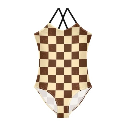 Image of Black and White Chess Girls One Piece Swimsuits Board Marble Tile Sport Halter Swimwear Beach Bathing Suit 3T