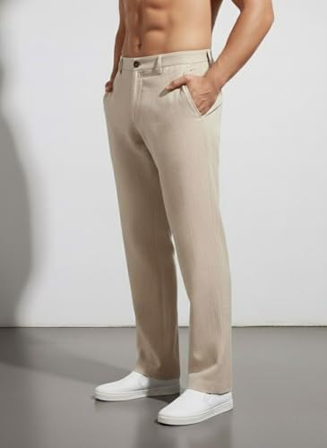 Image of Linen Pants for man | Lower for man | Chinos for Casual Wear |Straight fit Trouser for Men | Elastic Waist Brethable Summer Pants for Regular, Office Wear