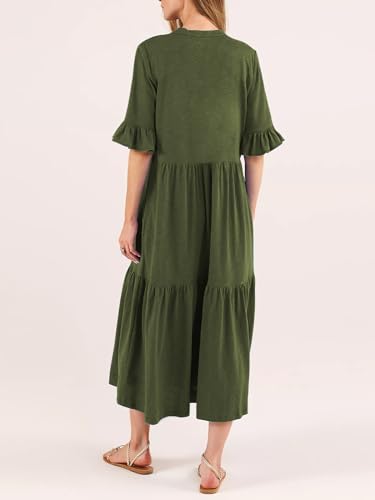 Image of Mieazom Short Sleeves Maxi Dress for Women A Line Summer Dress V Neck Casual Loose Tiered Long Dresses with Pockets