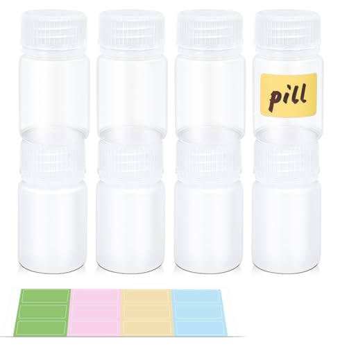 Image of Small Pill Bottle, Empty Medicine Bottles with Screw Caps for Pills Capsules Vitamins, Food Grade Plastic Medicine Containers with Labels for Travel (Clear&Translucent, 1oz /30ml, 8 Pcs)