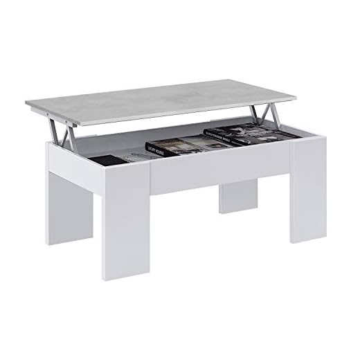 Mesa de Centro Elevable, Mesita de Salón o Comedor, Modelo LC, Acabado en Color Blanco Artik y Cemento, Medidas: 100 cm (Ancho) x 50 cm (Fondo) x 45-56 cm (Alto)