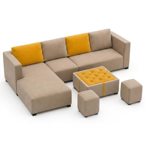 Image of FURNY Olympus 8 Seater LHS L Shape Sofa Set | Plush Velvet Suede Fabric | Modern Design | Soft Comfort Dual Color Cushions for Living Room, Office & Hotels (Beige-Yellow)