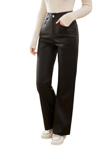 Verdusa Women's High Waist Leather Leggings Pocket Straight Wide Leg PU Pants Black M