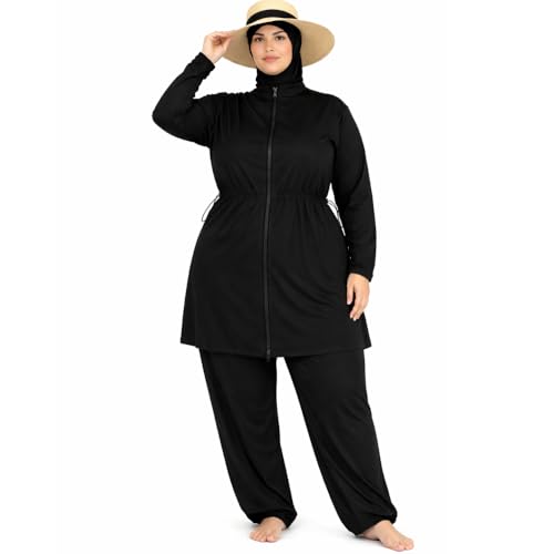 Burkini Femme Grande Taille Modeste 4 Pièces Opaque–Maillot de Bain Long Couvrant avec Hijab de Bain,Tunique Zippée Manches Long (FR/ES, Alpha/Lettres, 4TG, Grande Taille, Taille Normale, Noir)