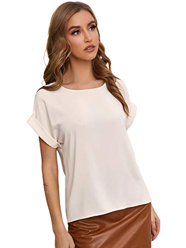Milumia Women's Casual Satin Blouse Batwing Short Sleeve Crew Neck Office Shirt Tops A Beige Medium #TOP4