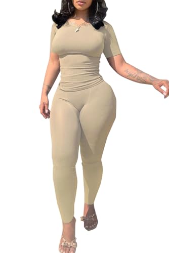 PINSV 2 Piece Sets for Women Summer Casual Jogger Workout Outfits Fitted Crew Neck T-shirt High Waist Legging Sets