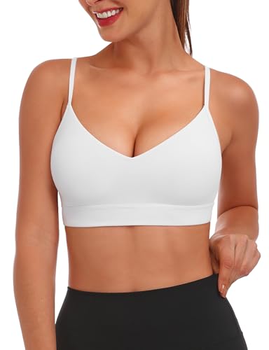 Buauty V Neck Sports Bra for Women, Padded Push up Women's Sport Bras Adjustable Thin Straps, Light Support Yoga Camisole Basic Top, Low Impact Spaghetti Strap Sport Racerback Bras White L2