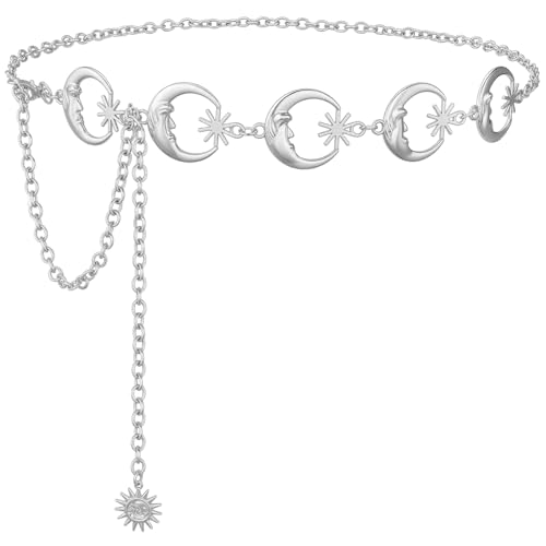 Image of Metal Body Chain Women Girls Belly Waist Chain SUOSDEY Fashion Body Jewelry with Hollow Sun Moon Carving Body Link Belts for Jeans Dresses