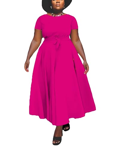 Image of Hostoyo Women Plus Size Formal A Line Maxi Dress Self Tie Waist with Pockets Elegant Round Neck Swing Long Dresses