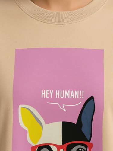 Image of HELLCAT Beige Printed Loose Fit Crew-Neck Crop T-Shirt for Women