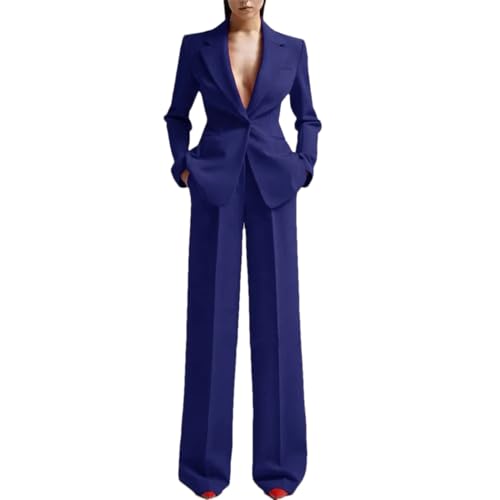 Women Suit Two Pieces Outfit Long Sleeve Business Casual Blazer Jacket with Wide Leg Pant Suit Set for Work