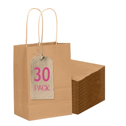 qiqee 30-Packs Brown Gift Bags with Handles Bulk 4.5"x2.5"x6" Mini