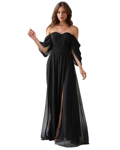 Womens Off Shoulder Bridesmaid Dresses for Wedding A Line Prom Dress Split Formal Gowns with Pockets LZY879