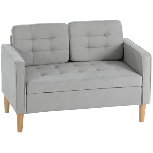 HOMCOM Sofá de 2 Plazas con Espacio de Almacenamiento, Sofá Moderno de Terciopelo con Patas de Madera, Respaldo Capitoné, para Salón, Dormitorio, Oficina, 117x62x78 cm, Gris Claro
