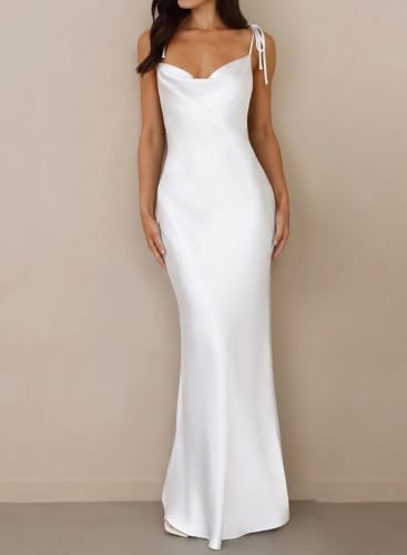 Image of 2026 Satin Cowl Neck Spaghetti Strap Maxi Dress for Women Bridesmaid | Silk,Tie Strap,Slip,Slit,Midi,Wedding Guest,Graduation,Elegant,Cocktail,Vacation,Party