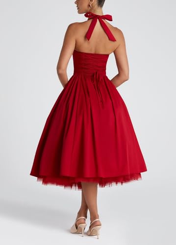 Image of Women Summer Halter Dress Low Cut Sleeveless A Line Tulle Swing Flowy Tea Length Dress Corset Prom Formal Ball Gowns
