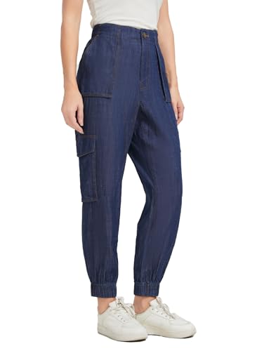 Women's Cargo Denim Jogger Pants High Waisted Elastic Waist Baggy Jeans with Buttons Comfortable for Spring Fall