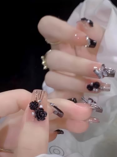 24Pcs Press on Nails Medium Length Fake Nails with BlackBow