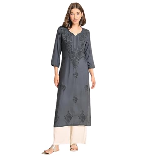 Image of VAIRAGEE Women's Embroidered Lukhnavi Chikankari Work Straight Rayon Ethnic Kurta | Casual Office Kurta for Women