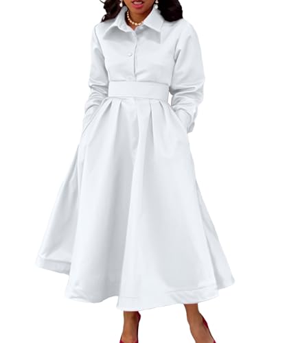 Sexyshine Women's Lapel Button Down Satin Maxi Dress Elegant Long Sleeve A Line Belted Pleated Flared Blouse Shirt Dress