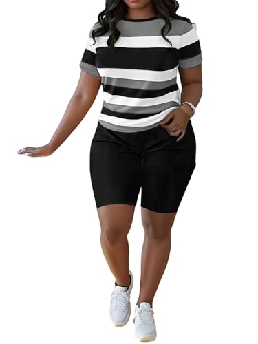 HBQ Women Two Piece Outfits Summer Sweatsuits Bodycon Track Suits Biker Short Workout Jogger Sets Stripe S