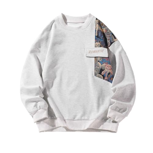 Mens Round Neck Embroidered Sweatshirt Casual Long Sleeve Pullover Sweatshirt